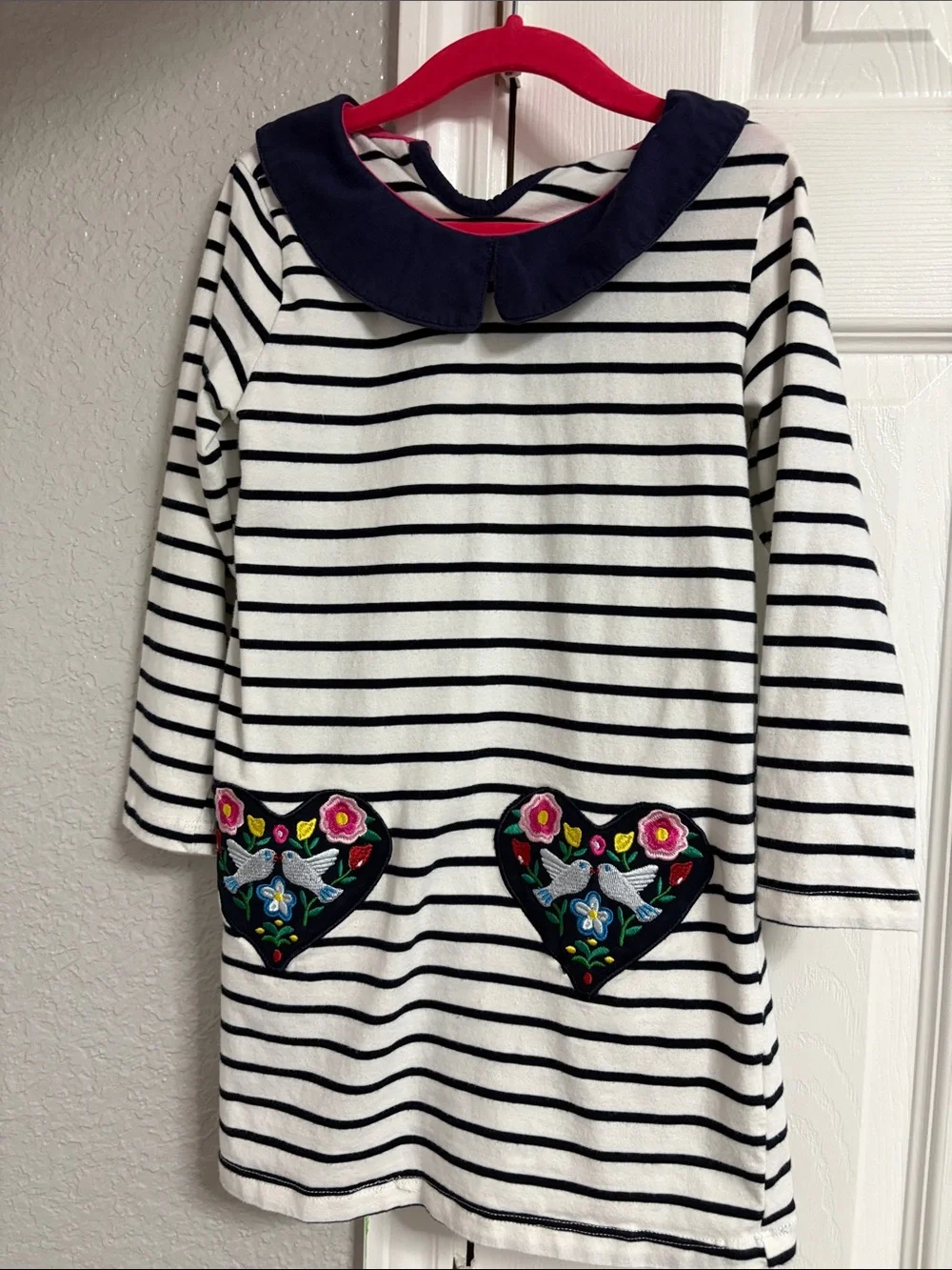 Navy & White Striped Kids Dress with Embroidered Heart Pockets